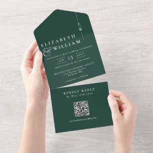 Emerald Green Minimalist Monogram QR Code Wedding All In One Invitation
