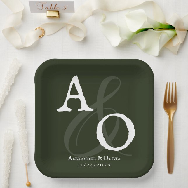 Emerald Green Minimalist Monogram Wedding Paper Plate (Wedding)