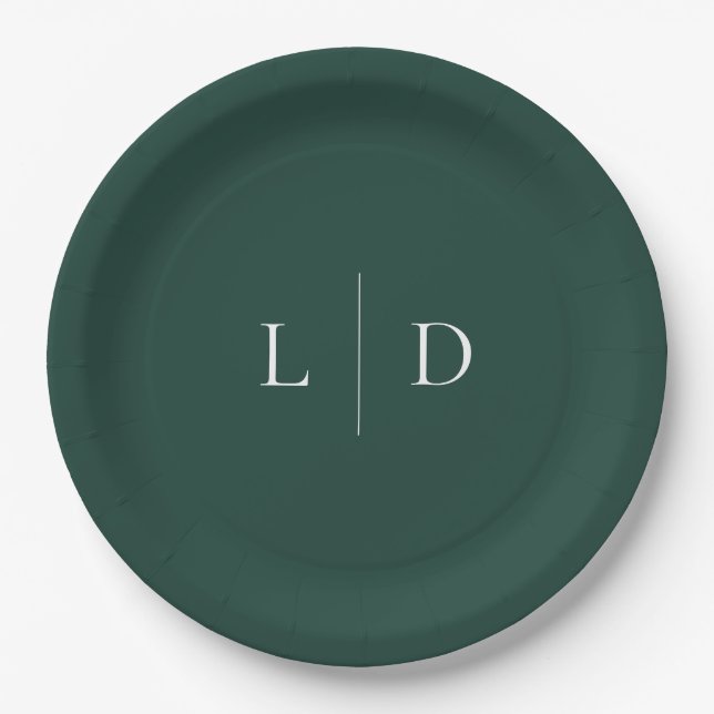 Emerald Green Minimalist Monogram Wedding Paper Plate (Front)