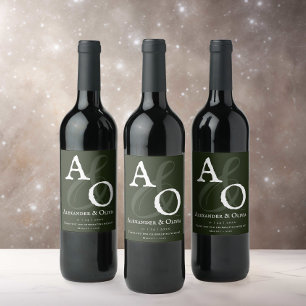 Emerald Green Minimalist Monogram Wedding Wine Label
