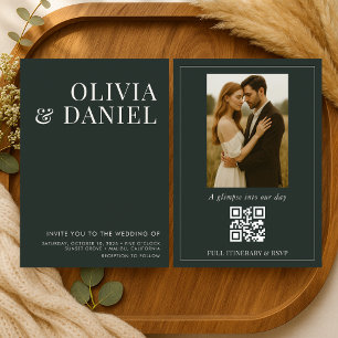 Emerald Green Minimalist Photo QR Code Wedding Invitation