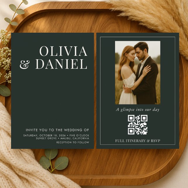 Emerald Green Minimalist Photo QR Code Wedding Invitation (Creator Uploaded)
