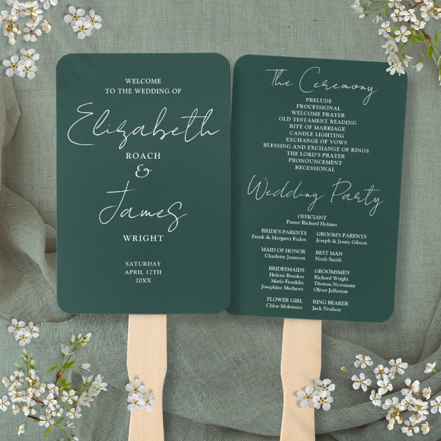 Emerald Green Minimalist Script Wedding Program Hand Fan (Emerald Green Minimalist Script Wedding Program Hand Fan)