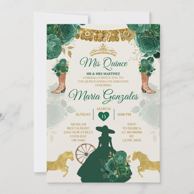 Emerald Green Mis Quince 15 Anos Gold Crown Invitation (Front)