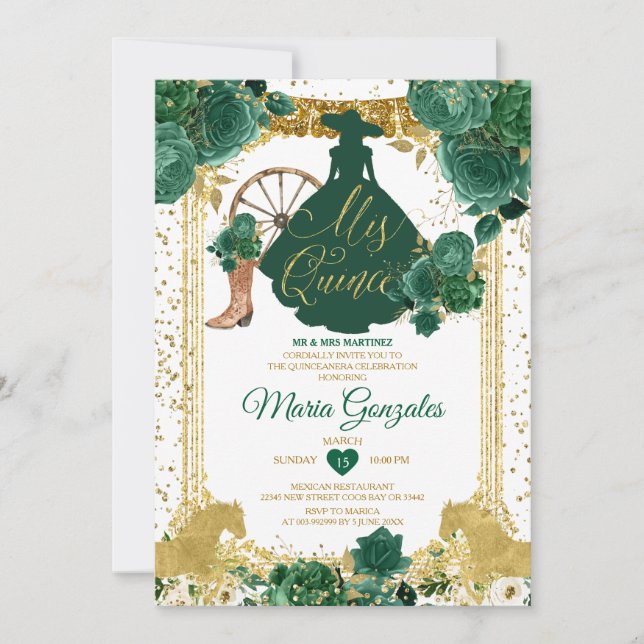 Emerald Green Mis Quince 15 Anos Gold Glitter Invitation (Front)