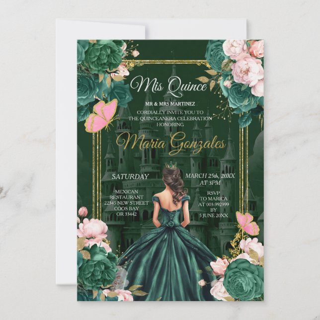 Emerald Green Mis Quince Floral Quinceañera Invitation (Front)