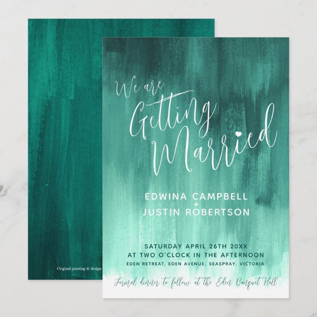Emerald green modern abstract art painted wedding invitation (Front/Back)