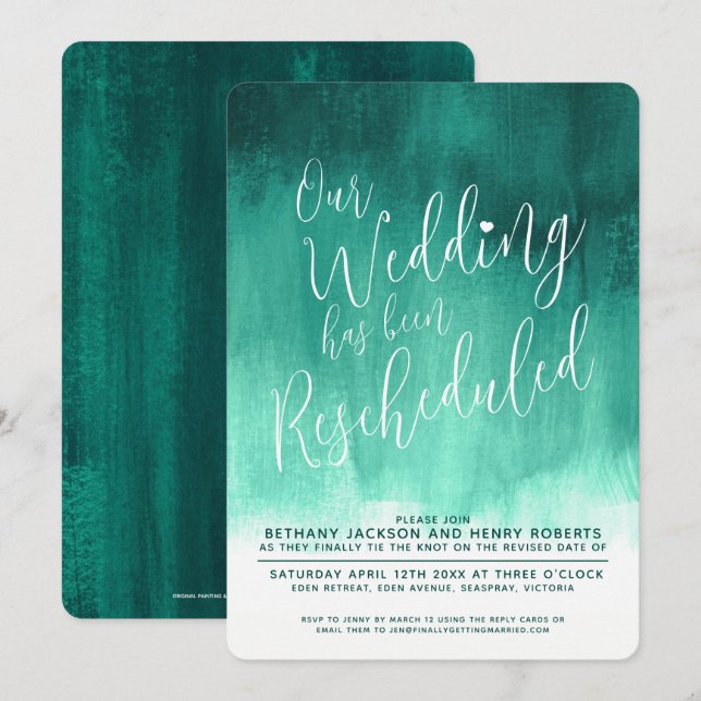 Emerald green modern art rescheduled wedding invitation (Front/Back)