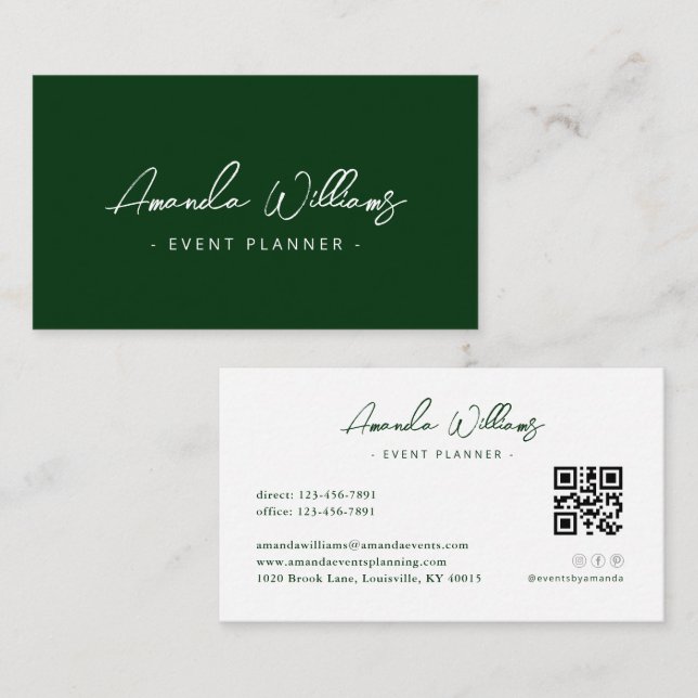 Emerald Green Modern Elegant Minimalist QR Code Business Card (Front/Back)