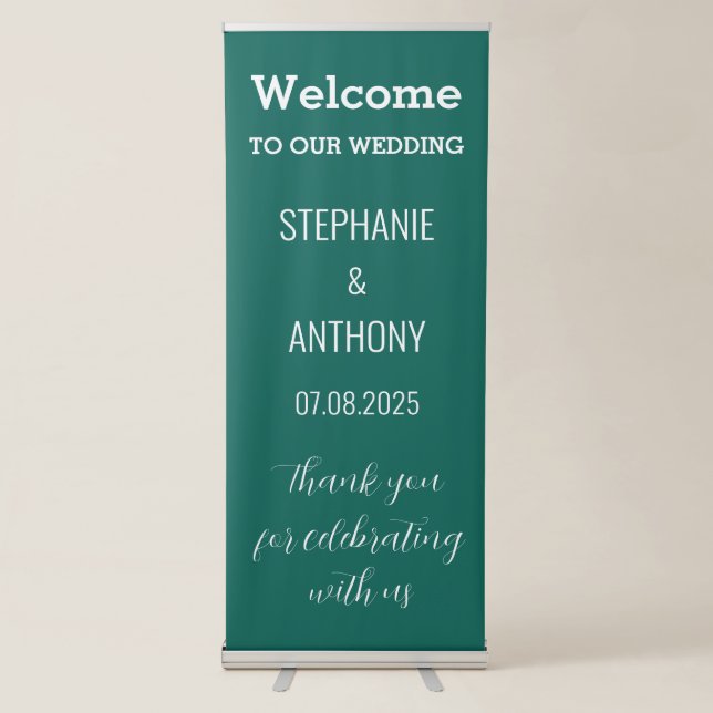 Emerald Green Modern Minimalist Elegant Wedding Retractable Banner (Front)