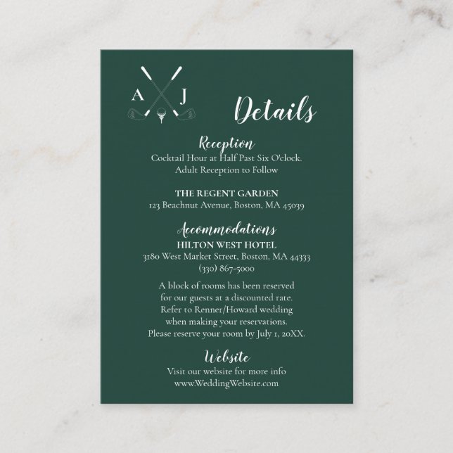 Emerald Green Modern Minimalist Golf Wedding Enclosure Card (Front)