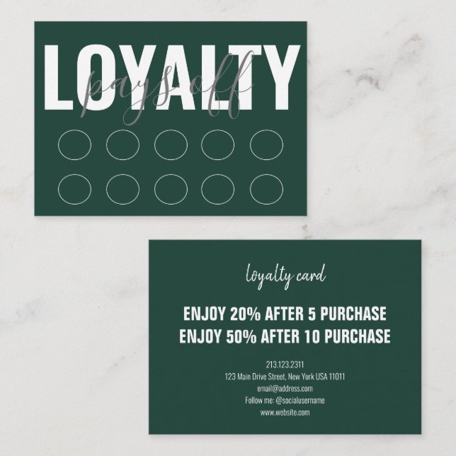 Emerald Green Modern Minimalist Punch Script Loyalty Card (Front/Back)