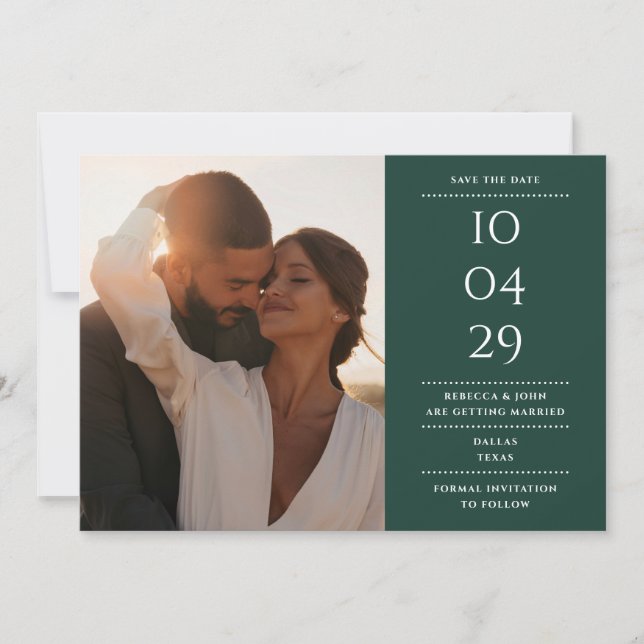 Emerald Green Modern Minimalist Wedding Photo Save The Date (Front)