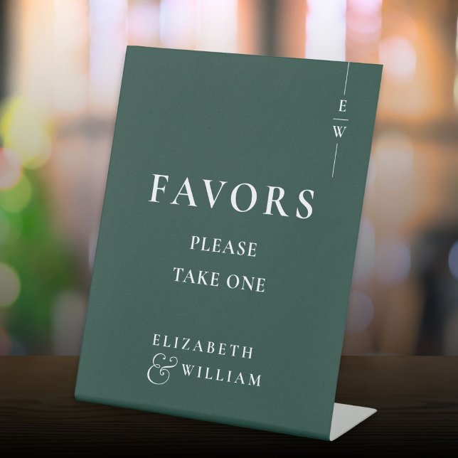 Emerald Green Modern Monogram Favours Wedding Pedestal Sign (Emerald Green Modern Monogram Favors Wedding Pedestal Sign)