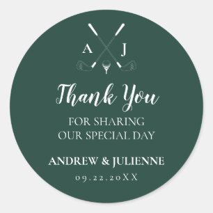 Emerald Green Modern Monogram Golf Wedding Classic Round Sticker