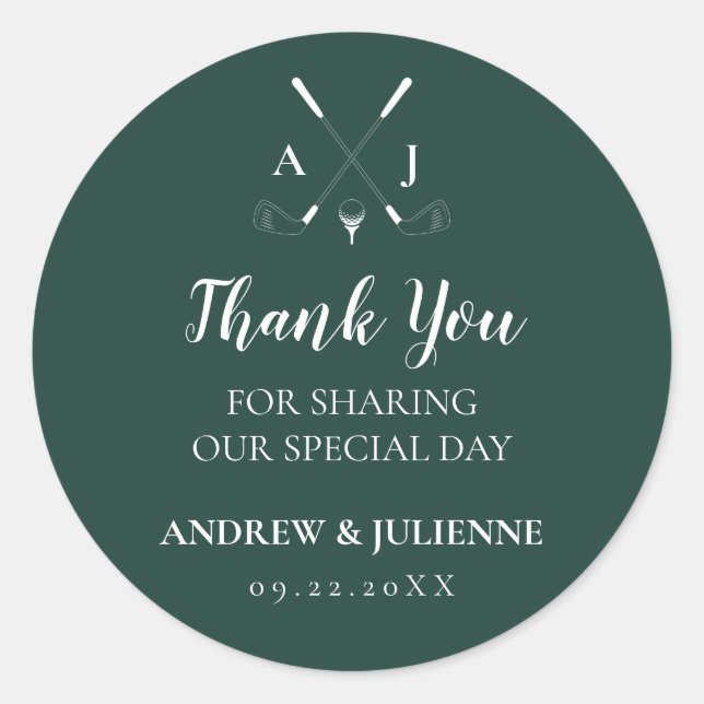 Emerald Green Modern Monogram Golf Wedding Classic Round Sticker (Front)