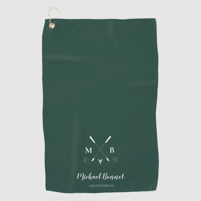 Emerald Green Modern Monogram Golf Wedding Golf Towel (Front)