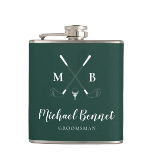 Emerald Green Modern Monogram Golf Wedding Hip Flask