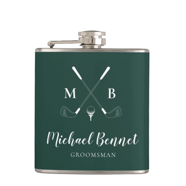 Emerald Green Modern Monogram Golf Wedding Hip Flask (Front)