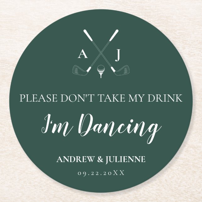Emerald Green Modern Monogram Golf Wedding Round Paper Coaster (Front)