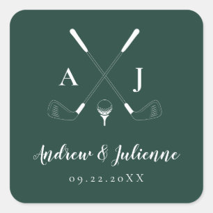 Emerald Green Modern Monogram Golf Wedding Square Sticker