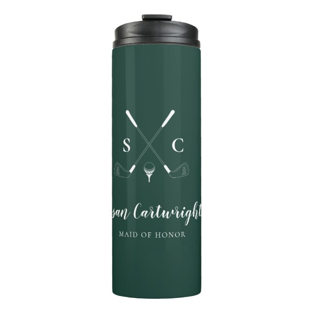 Emerald Green Modern Monogram Golf Wedding Thermal Tumbler (Front)