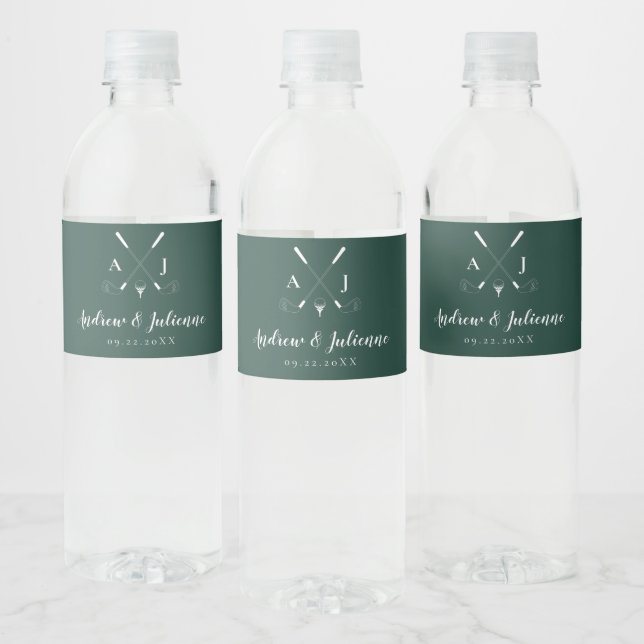 Emerald Green Modern Monogram Golf Wedding Water Bottle Label (Bottles)