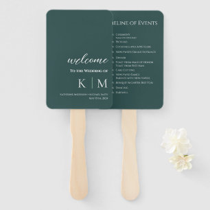 Emerald Green-Modern- Monogram-Wedding Program- Hand Fan