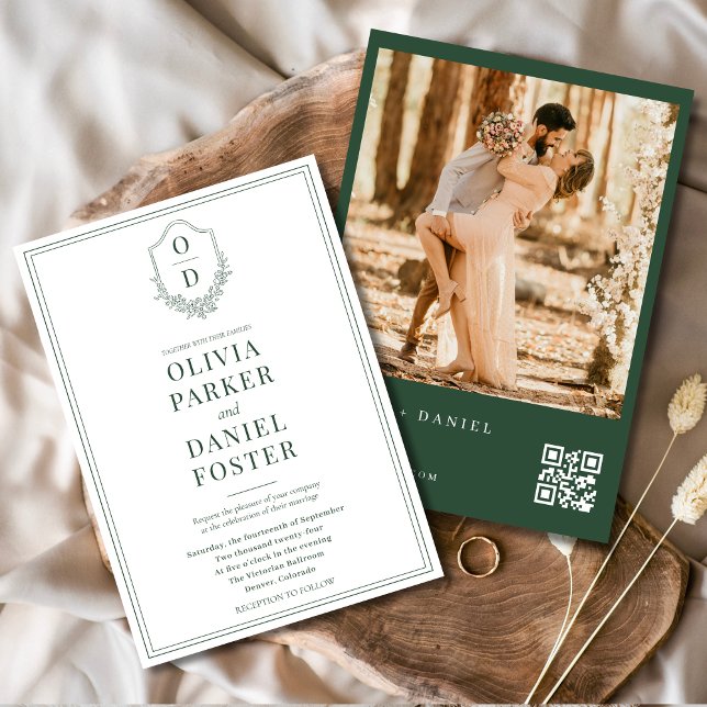 Emerald Green Modern QR Code Crest Photo Wedding Invitation (Creator Uploaded)