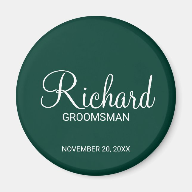 Emerald Green Modern Script Personalised Groomsman Magnet (Front)