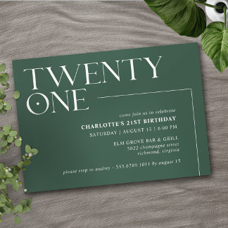 Emerald Green | Modern Simple 21st Birthday Party Invitation