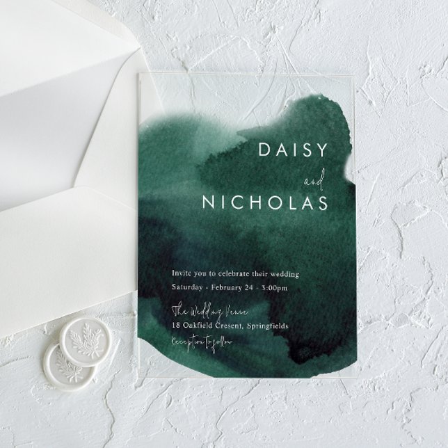 Emerald Green Modern Watercolor Wedding Acrylic Invitations (Creator Uploaded)