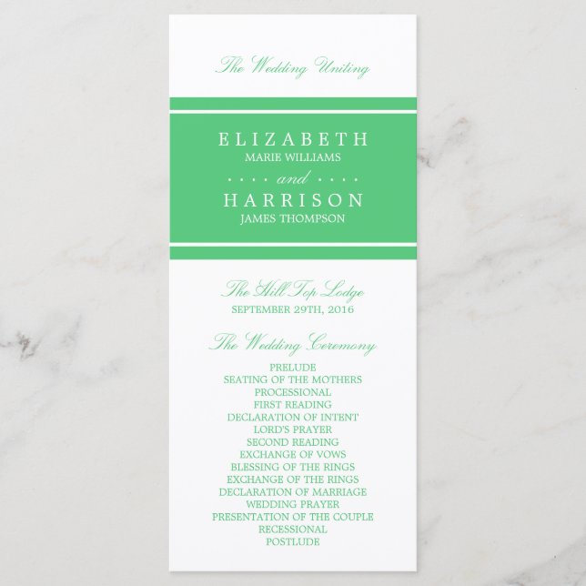 Emerald Green Modern Wedding Program Programme (Front)