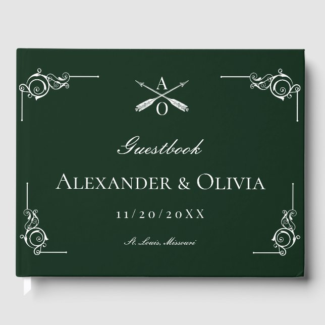 Emerald Green Monogram and Arrows Wedding Guest Book (Front)
