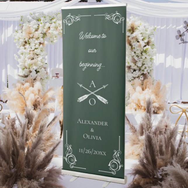 Emerald Green Monogram and Arrows Wedding Retractable Banner (Emerald Green Monogram and Arrows Wedding Welcome Banner)
