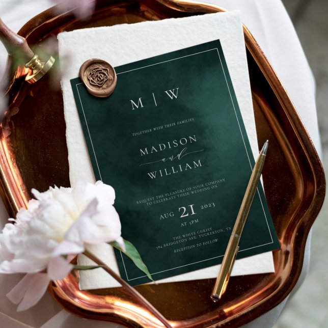 Emerald Green Monogram & Border Elegant Wedding Invitation (Creator Uploaded)