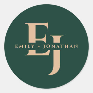 Emerald green monogram couple names fall wedding  classic round sticker