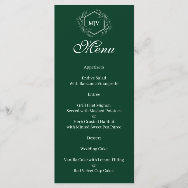 Emerald Green Monogram Crest Menu (Front)