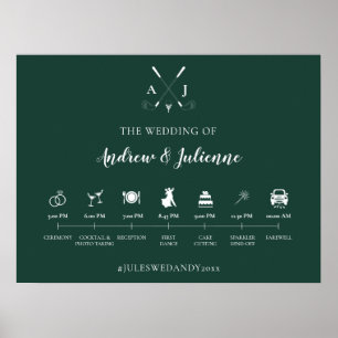 Emerald Green Monogram Golf Wedding Timeline Poster