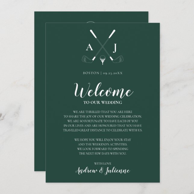 Emerald Green Monogram Golf Wedding Welcome Note Invitation (Front/Back)