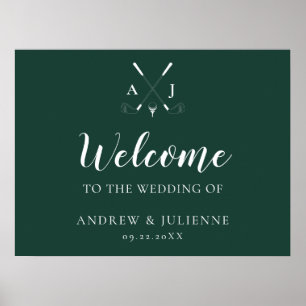 Emerald Green Monogram Golf Wedding Welcome Poster