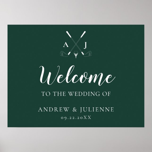 Emerald Green Monogram Golf Wedding Welcome Poster (Front)