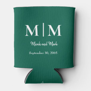 Emerald Green Monogram & Names Wedding Can Cooler