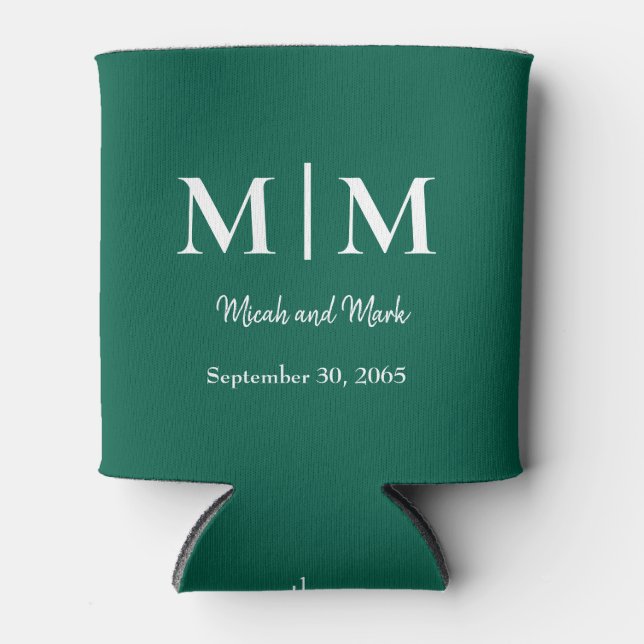 Emerald Green Monogram & Names Wedding Can Cooler (Front)