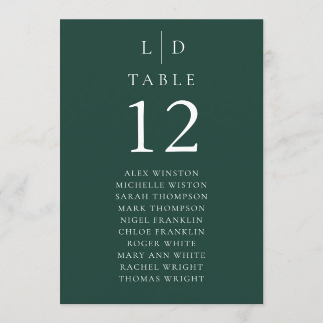 Emerald Green Monogram Table Number Seating Chart (Front)