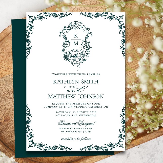 Emerald Green Monogram Vintage Crest Wedding Invitation (Creator Uploaded)