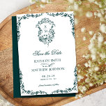 Emerald Green Monogram Vintage Crest Wedding Save The Date<br><div class="desc">Emerald Green Monogram Floral Vintage Crest Wedding Save the Date Card. Celebrate your special day with this elegant and beautiful wedding invitation design to beautify your special occasion. All the texts are pre-arranged for you to personalise easily and quickly with your own details.</div>