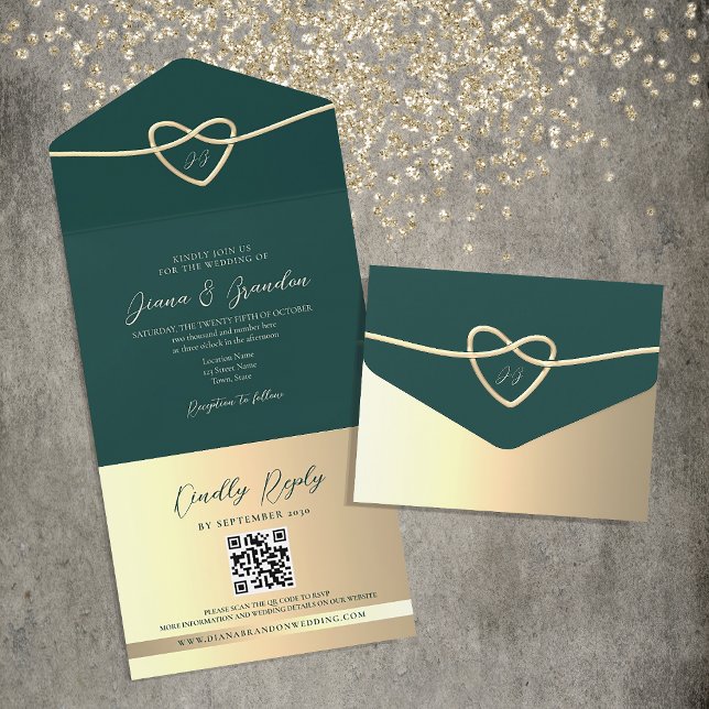 Emerald Green Monogram Wedding QR Code All In One Invitation (Creator Uploaded)