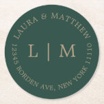 Emerald Green Monogram Wedding Round Paper Coaster<br><div class="desc">Modern and minimalist wedding Sticker featuring your two initial monogram and address. A simple design that still comes across as chic and stylish. These envelopes are a great way to add an elegant touch to your wedding invitation suite.</div>