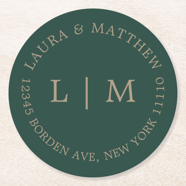 Emerald Green Monogram Wedding Round Paper Coaster (Front)